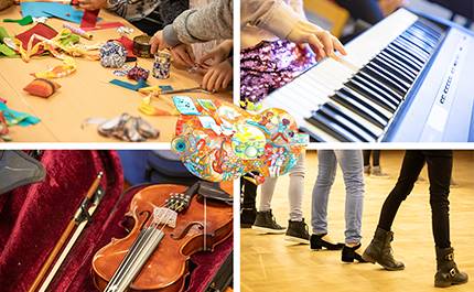 Collage av dans, hantverk, fiol och piano med kulturskolans logga