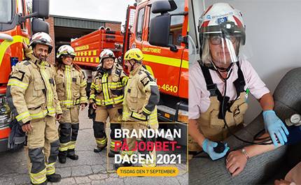 Deltidsbrandmän vid brandbilar och i uniform på jobbet