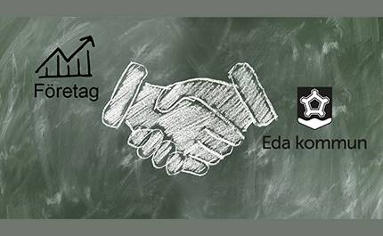Tecknad handskakning med Eda kommun logga på en sida och illustration för företag på en sida