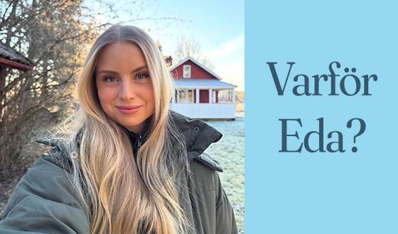 Madde Roth framför ett rött litet hus, blå text på ljusblå bakgrund: Varför Eda?