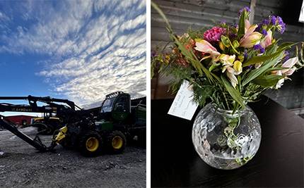 En skogsmaskin och en blombukett från Eda kommun