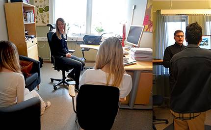 Skolpsykolog och samhällsplanerare pratar med elever