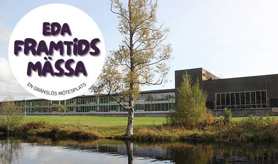 Hotell Charlottenberg vid älven med vit logotyp för Eda Framtidsmässa