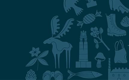 Mönster från Eda kommuns grafiska profil i blått, illustrationer som älg, Fredsmonument, vandringskänga och karamell