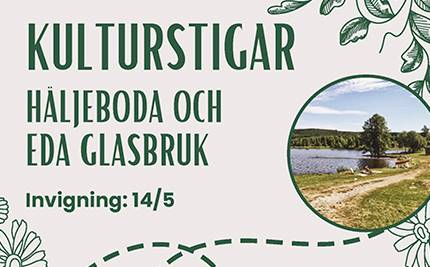 Stig vid badstrand och text: Kulturstigar Häljeboda och Eda Glasbruk